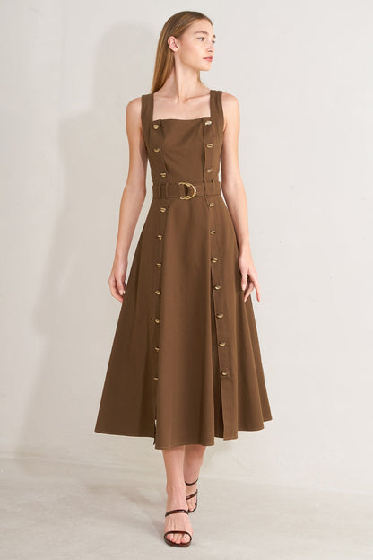 Flying Tomato Sweet Sienna woven midi dress in brown, featuring a stylish, flowy design and elegant midi length.