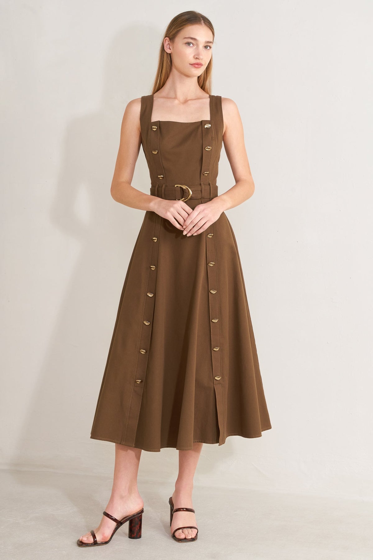 Flying Tomato Sweet Sienna woven midi dress in brown, featuring a stylish and comfortable design perfect for casual or dressy occasions.