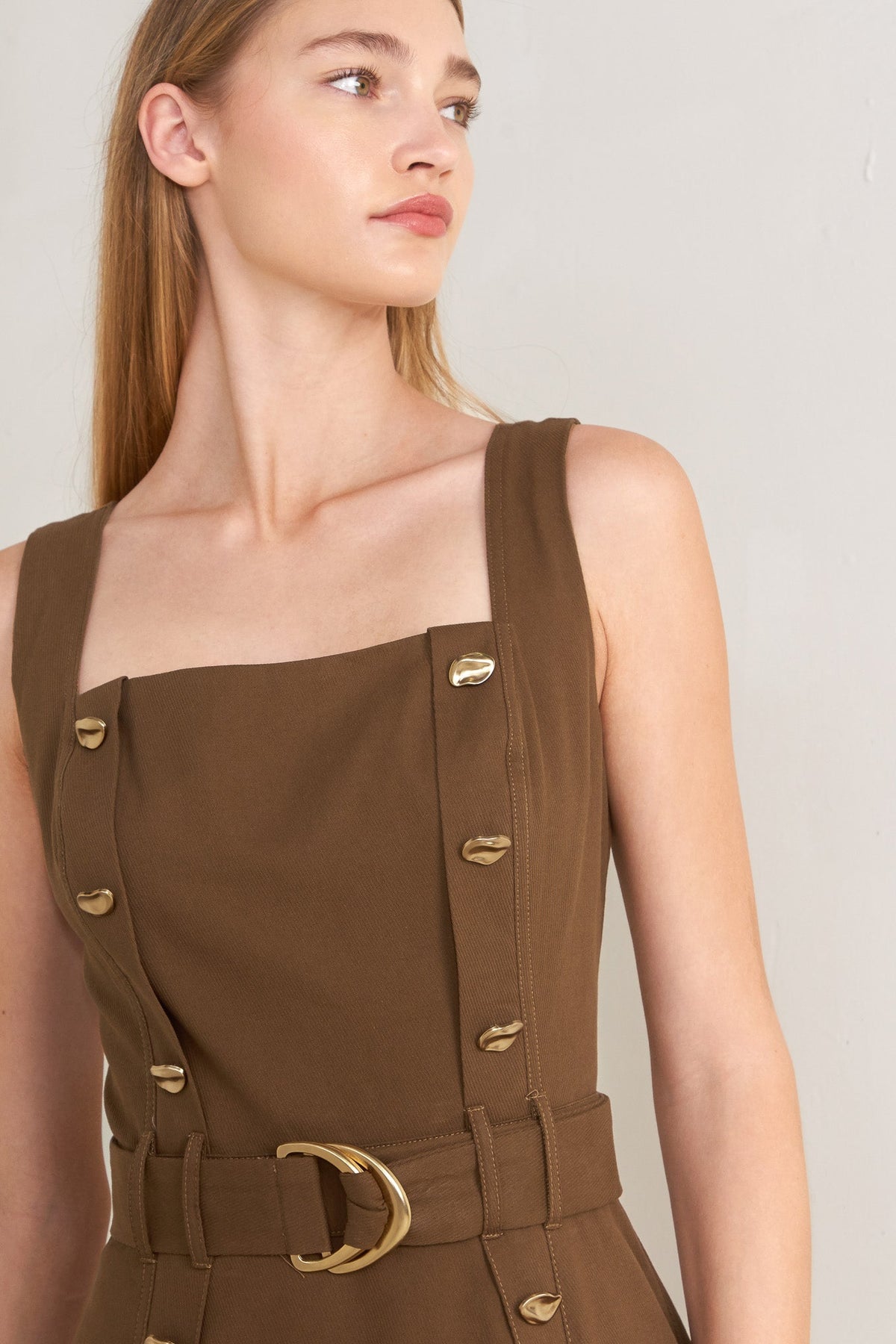 Flying Tomato Sweet Sienna woven midi dress in brown, featuring a stylish, flowy design perfect for casual or semi-formal occasions.