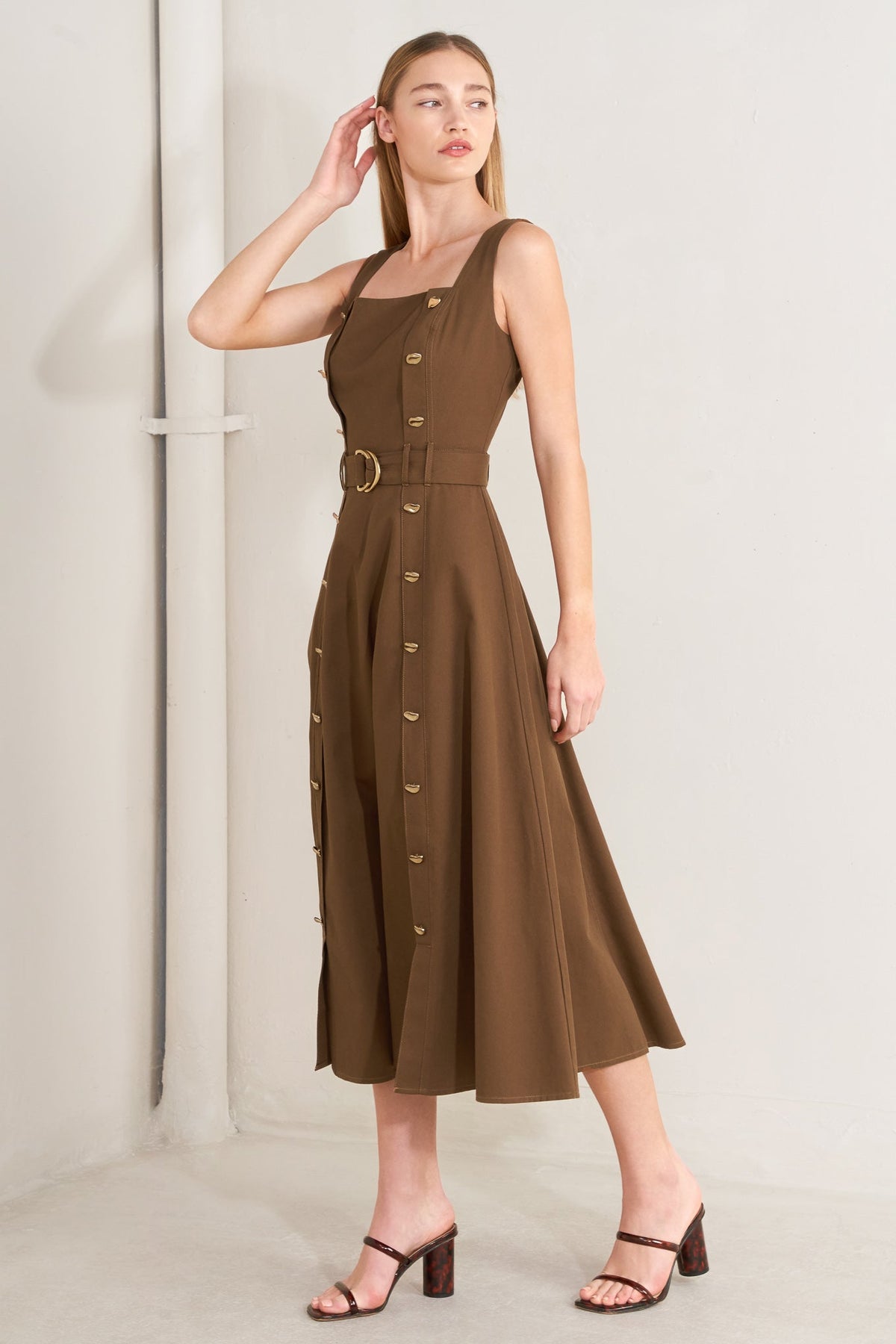 Flying Tomato Sweet Sienna woven midi dress in brown, featuring a flowy, bohemian style with intricate woven fabric.