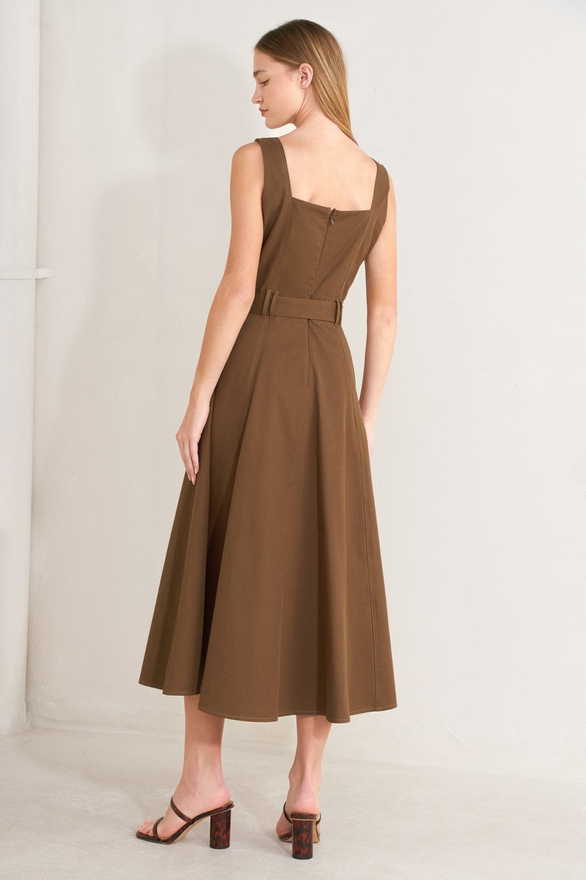 Brown Sweet Sienna woven midi dress by Flying Tomato, featuring a stylish, flowy design with intricate woven details.
