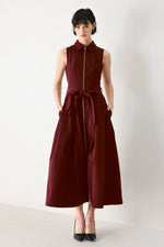 Flying Tomato Timeless Mood Woven Burgundy Midi Dress, front view showing elegant design and woven fabric details.