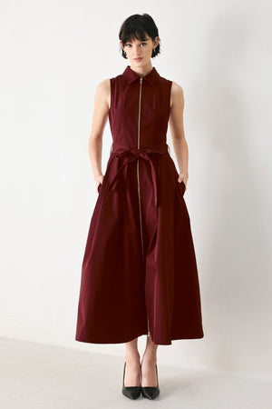 Flying Tomato Timeless Mood Woven Burgundy Midi Dress, front view showing elegant design and woven fabric details.