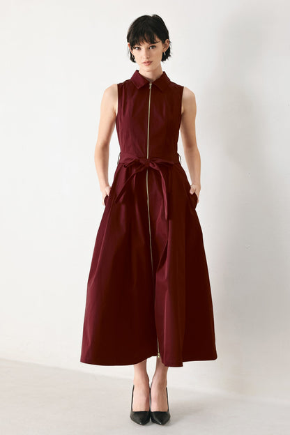 Flying Tomato Timeless Mood Woven Burgundy Midi Dress, front view showing elegant design and woven fabric details.