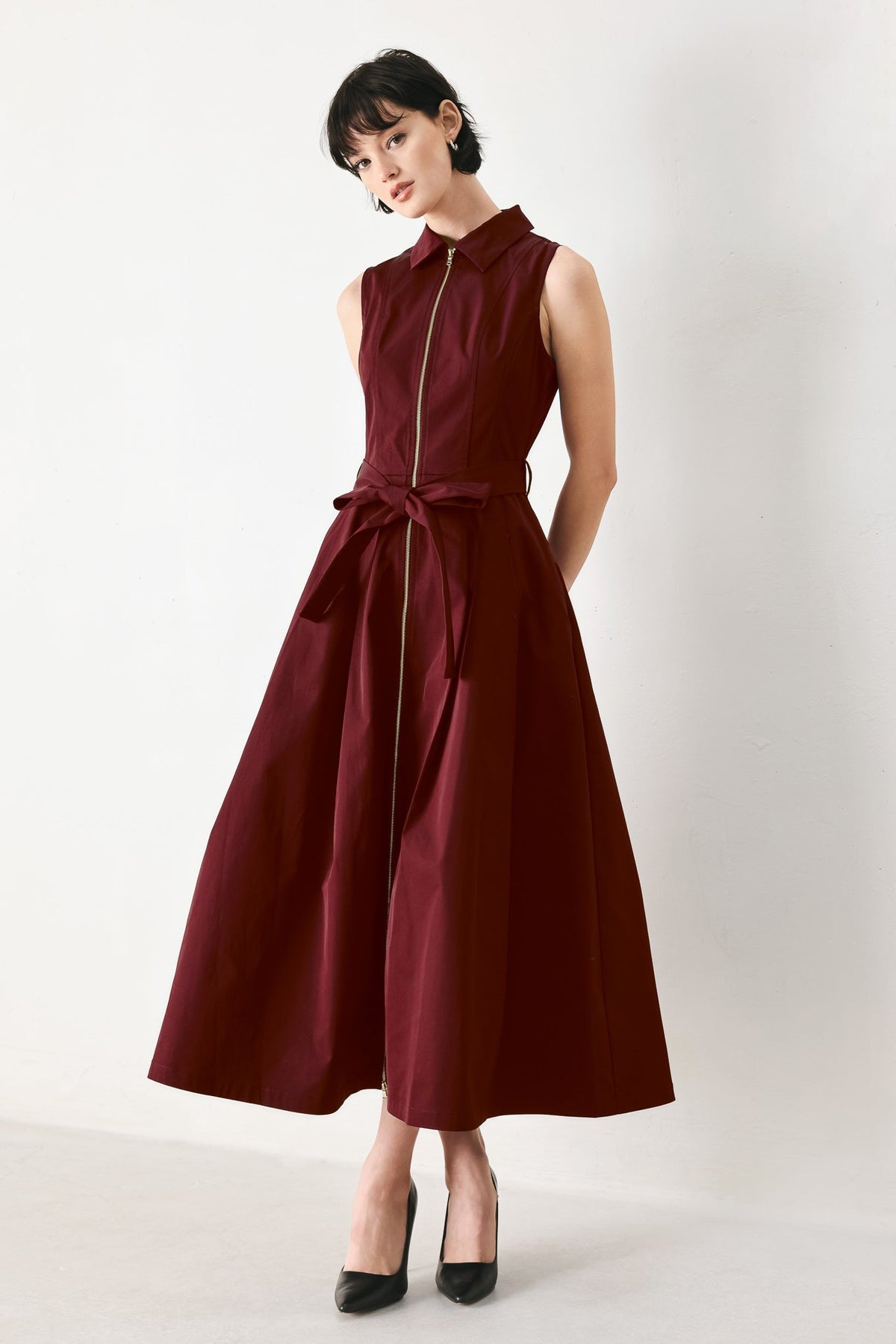 Flying Tomato Timeless Mood Woven Midi Dress in burgundy, featuring a stylish woven fabric and elegant midi length.