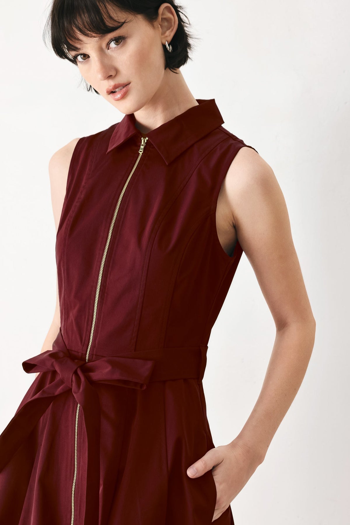Flying Tomato timeless mood woven midi dress in burgundy, showcasing a flowing design with intricate woven details.