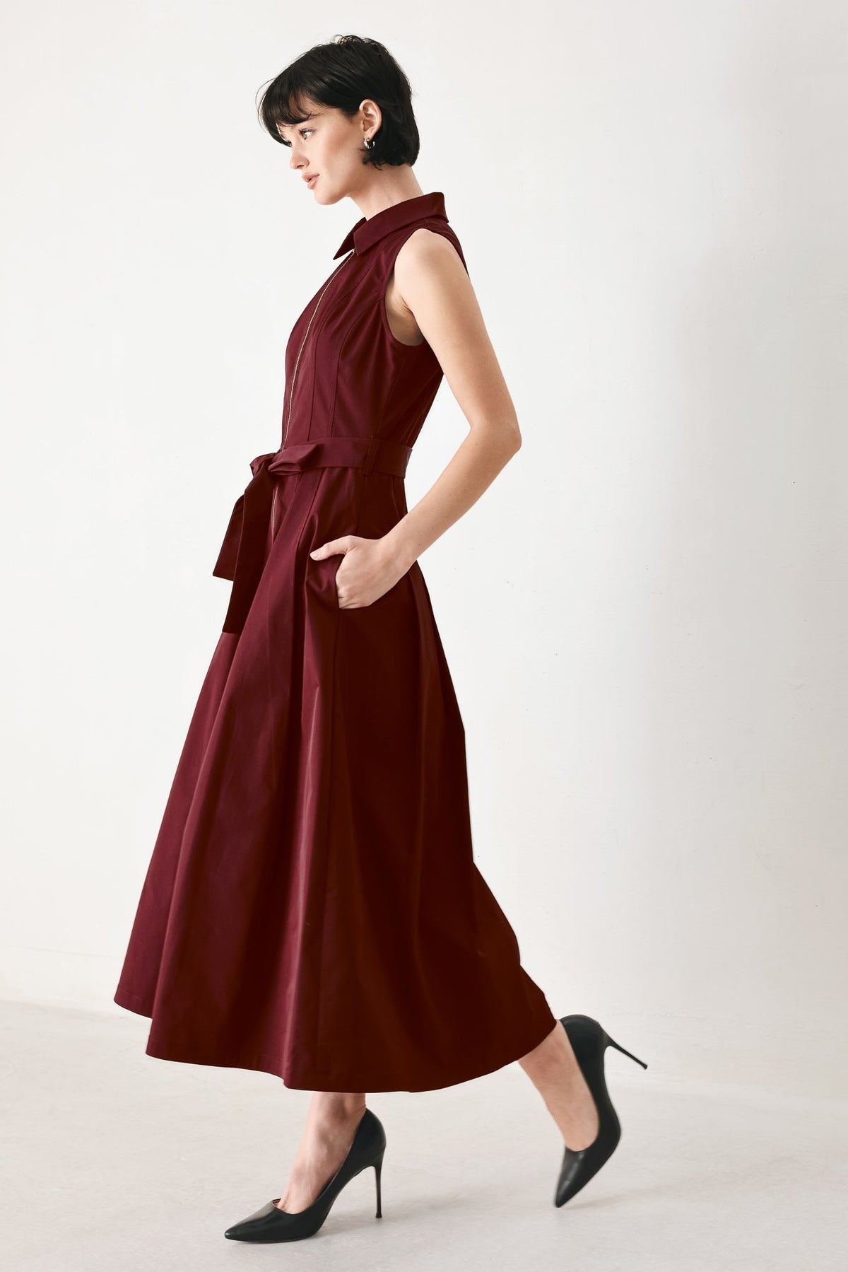 Flying Tomato timeless mood woven midi dress in burgundy, featuring a flowy, elegant silhouette with intricate woven detailing.