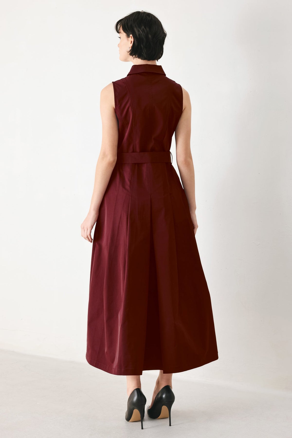 Flying Tomato Timeless Mood Woven Midi Dress in burgundy, showcasing a elegant, flowing design with intricate woven details.