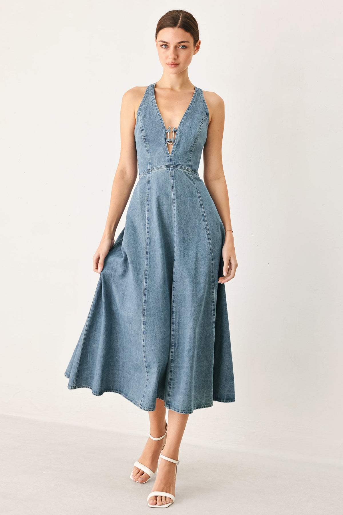 Light denim Flying Tomato Sunday Muse denim midi dress with a relaxed fit and sleeveless design.