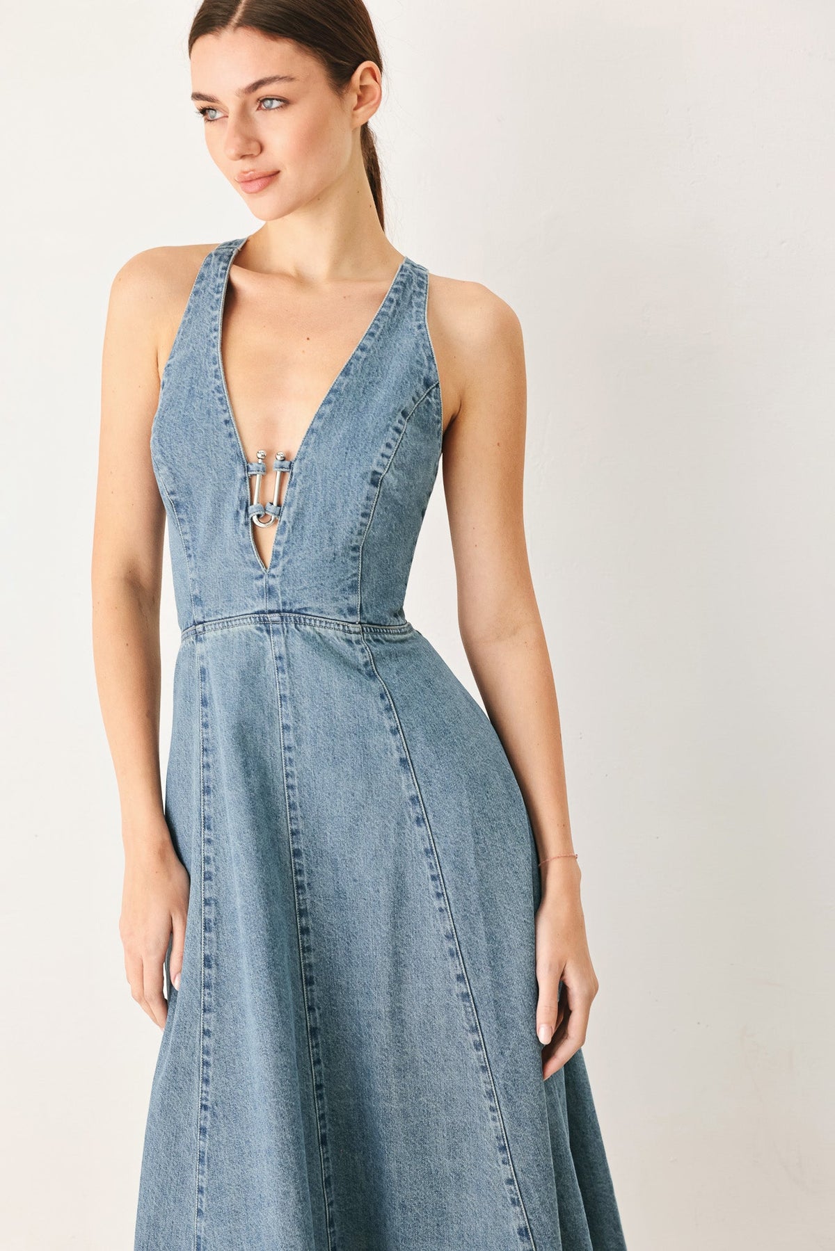 Light denim Sunday Muse denim midi dress by Flying Tomato, featuring a fitted waist and classic dress silhouette.