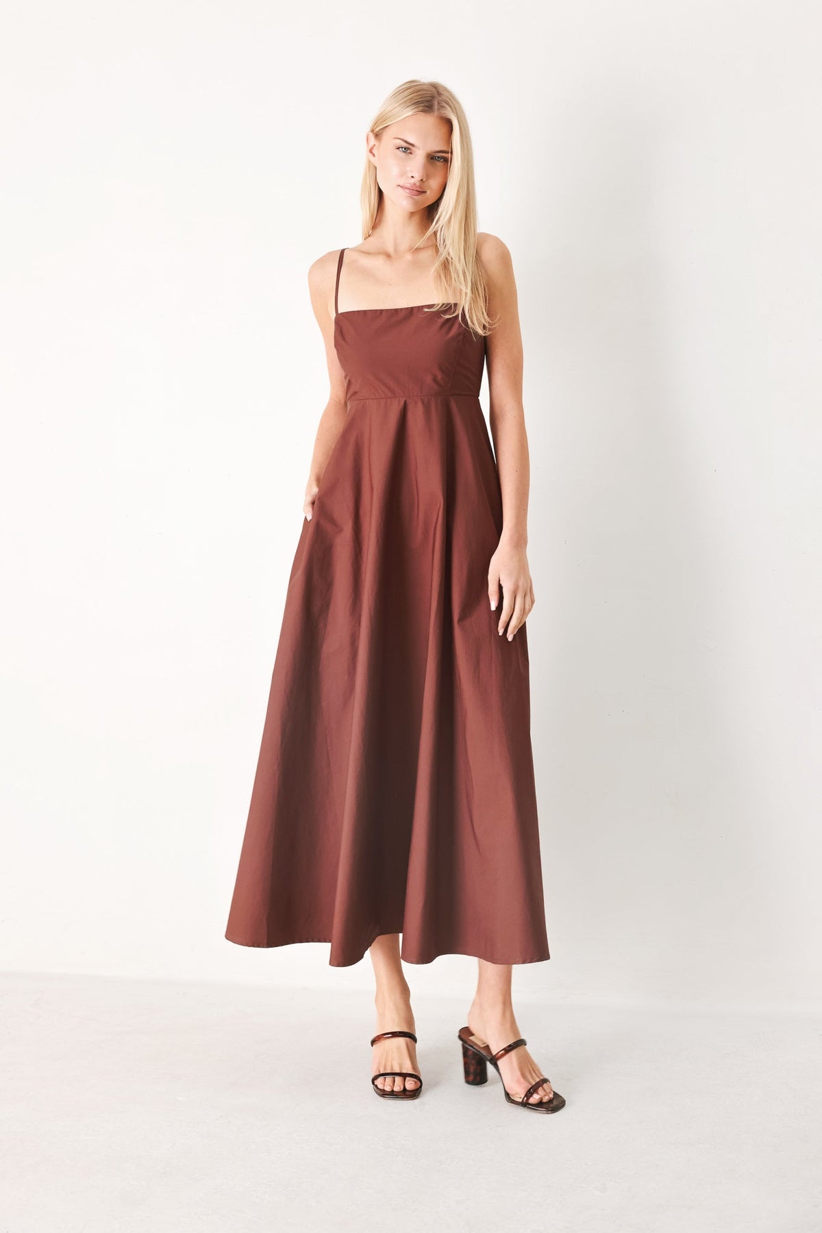 Flying Tomato Quiet Luxe Woven Midi Dress in dark rose with a relaxed silhouette and woven fabric, perfect for elegant daytime wear.