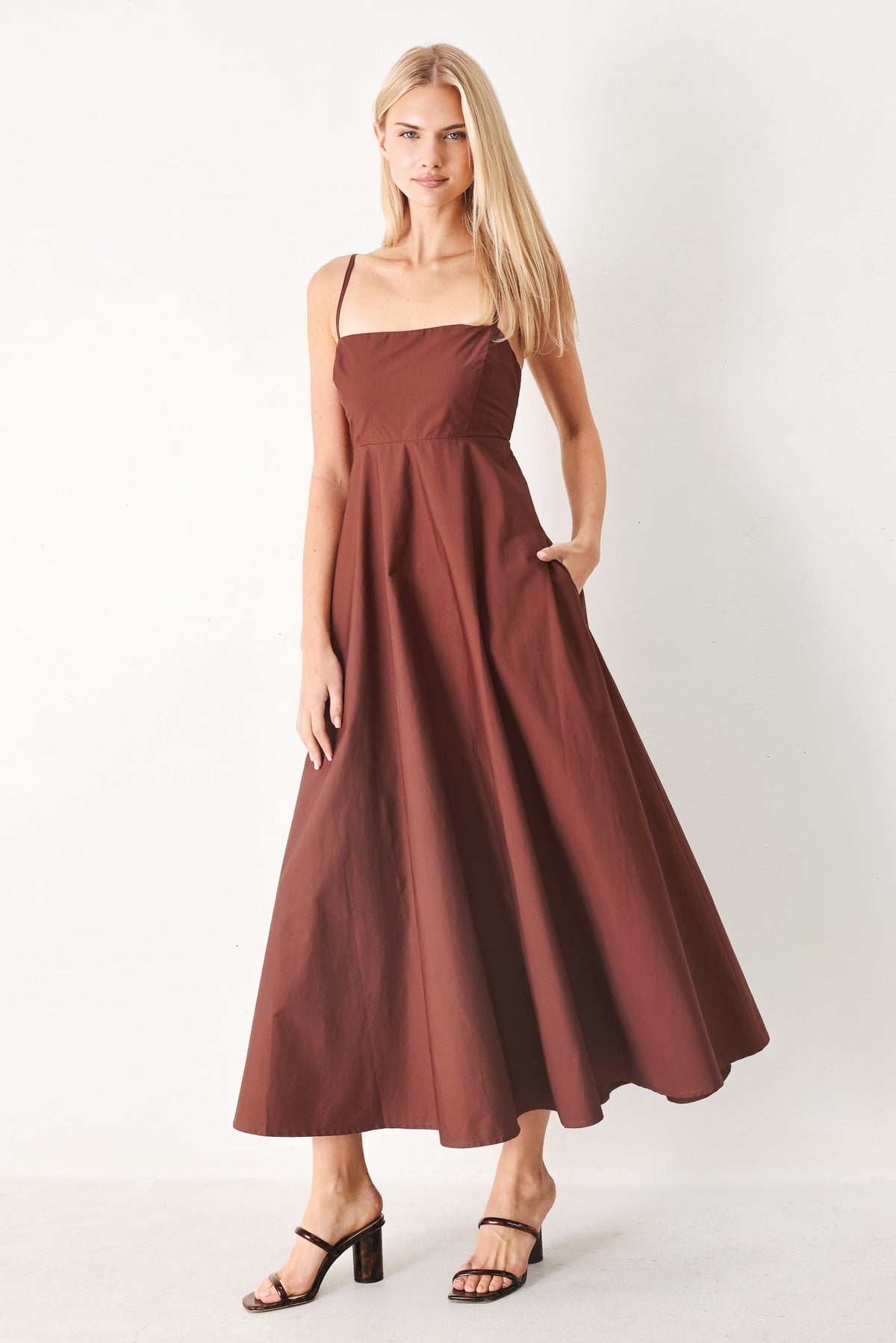 Dark rose woven midi dress by Flying Tomato featuring a relaxed fit, sleeveless design, and intricate woven fabric.