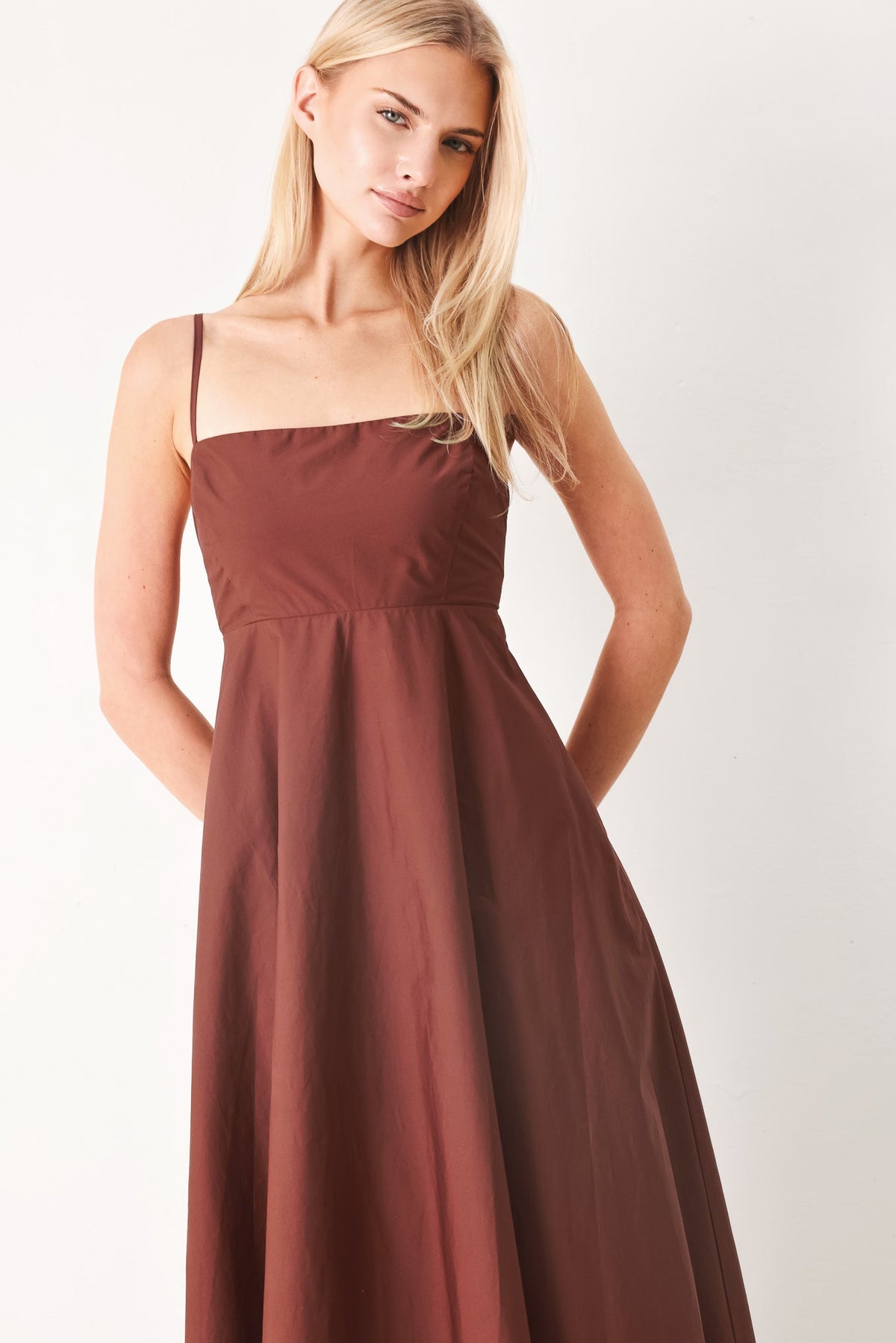 Flying Tomato Quiet Luxe Woven Midi Dress in dark rose color, featuring a flowing, elegant design perfect for stylish occasions.