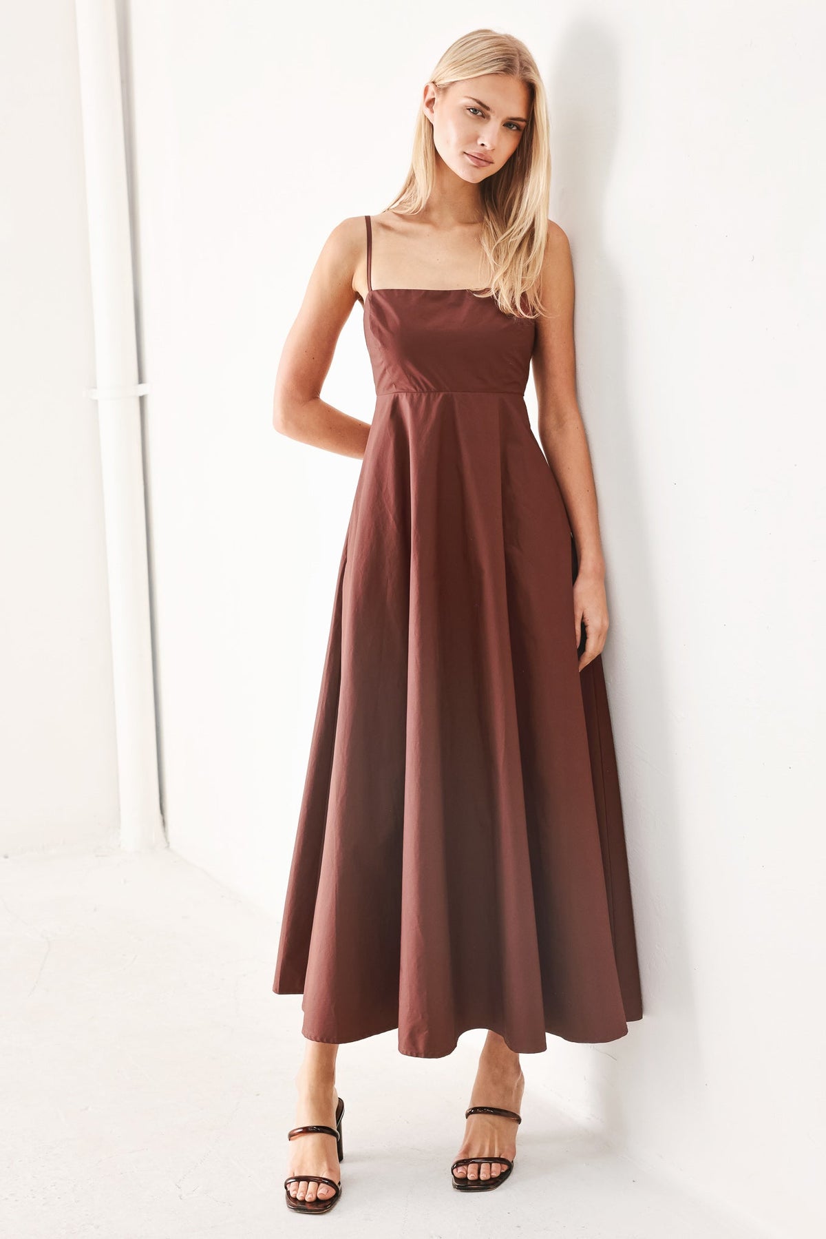 Flying Tomato Quiet Luxe woven midi dress in dark rose color, featuring a flowing silhouette and elegant neckline.