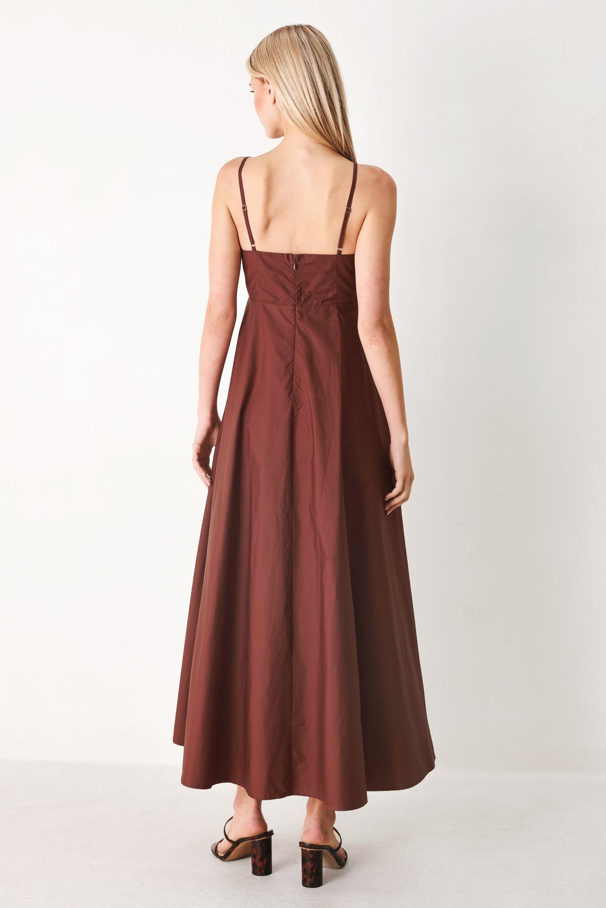 Flying Tomato Quiet Luxe woven midi dress in dark rose with a relaxed fit and elegant, flowing fabric.