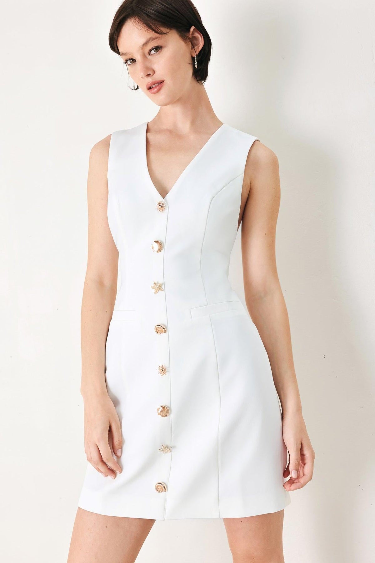 Flying Tomato PURE GLAM woven mini dress in off-white fabric, featuring a stylish dress design with a sleeveless cut.