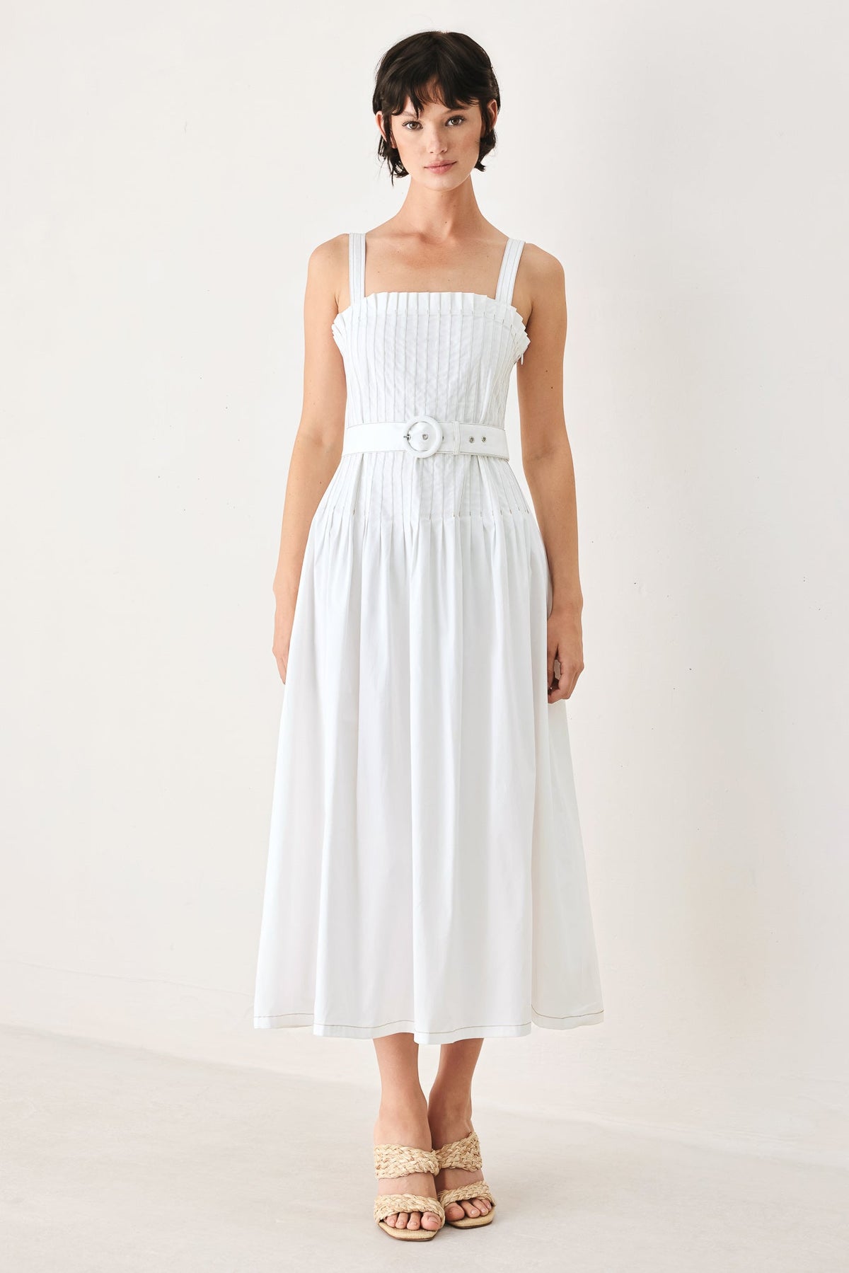 Off-white woven midi dress from Flying Tomato's Weekend in Nantucket collection, featuring a stylish, flowy silhouette.