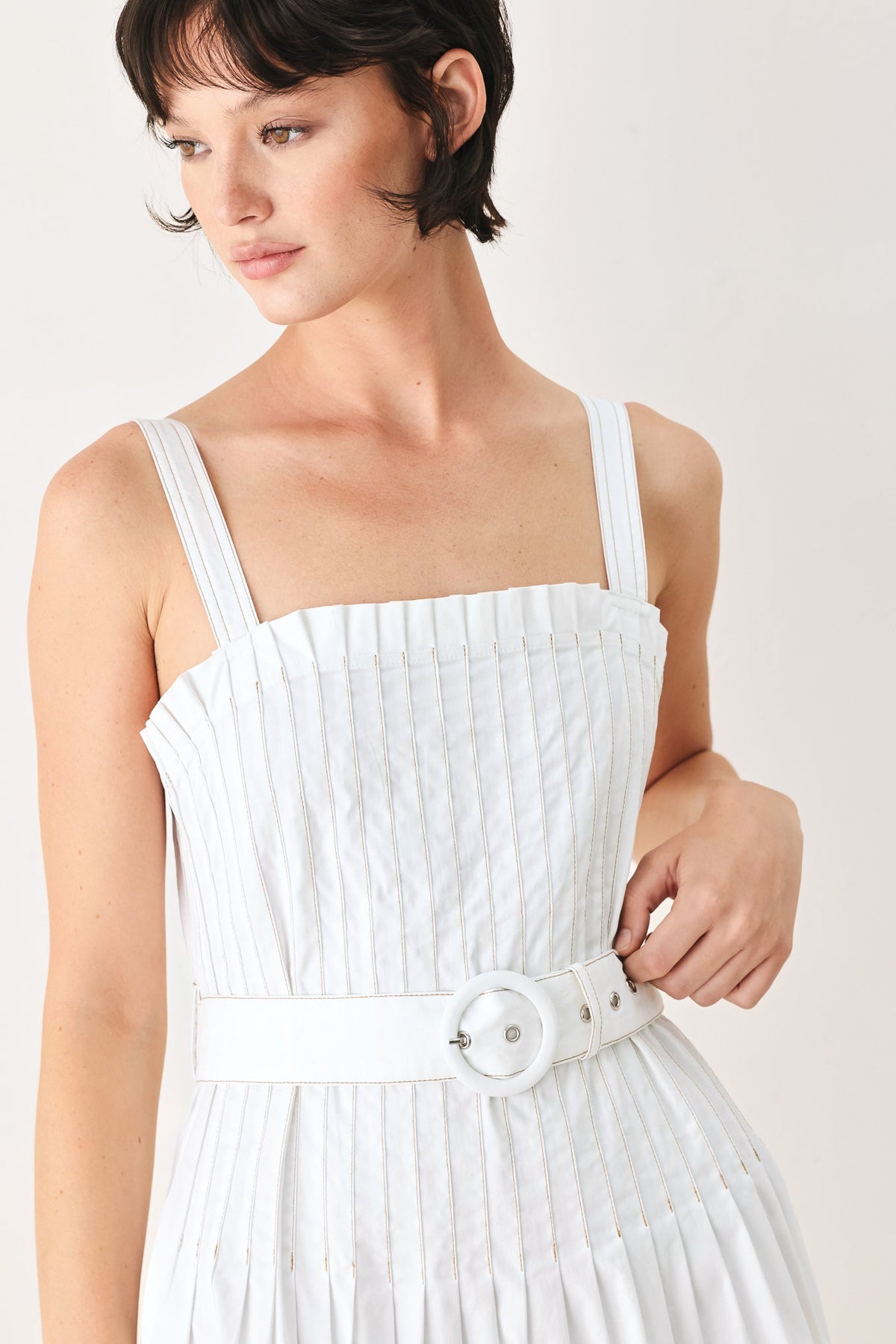 Flying Tomato Nantucket woven midi dress in off-white with a relaxed, summery design, perfect for casual occasions.