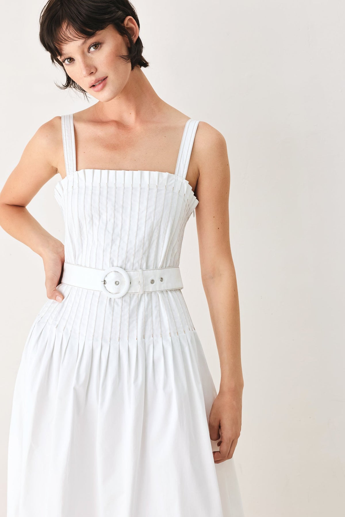 Flying Tomato Nantucket woven midi dress in off-white, casual summer dress with a relaxed fit and woven fabric.