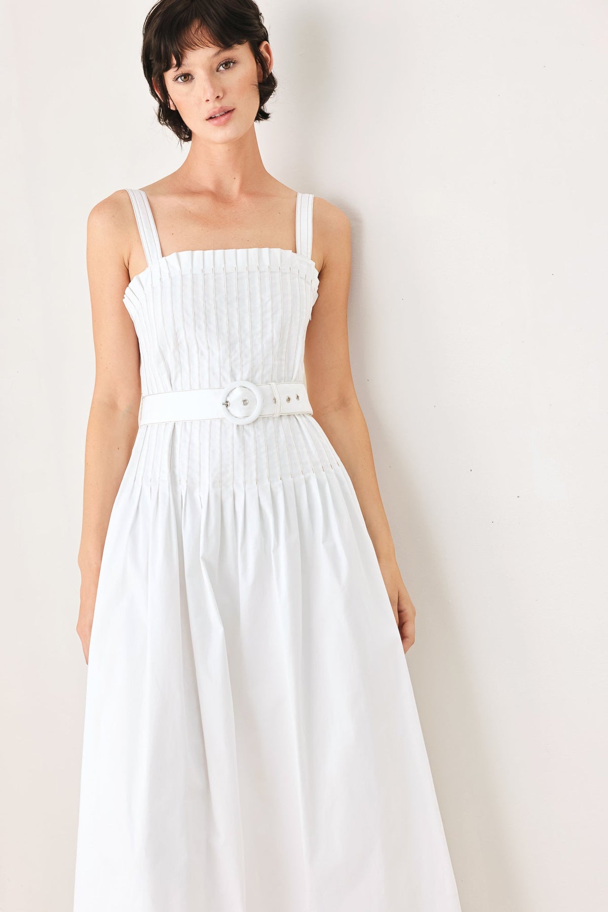 Off-white woven midi dress from Flying Tomato's Weekend in Nantucket collection, featuring a flowing, elegant design.