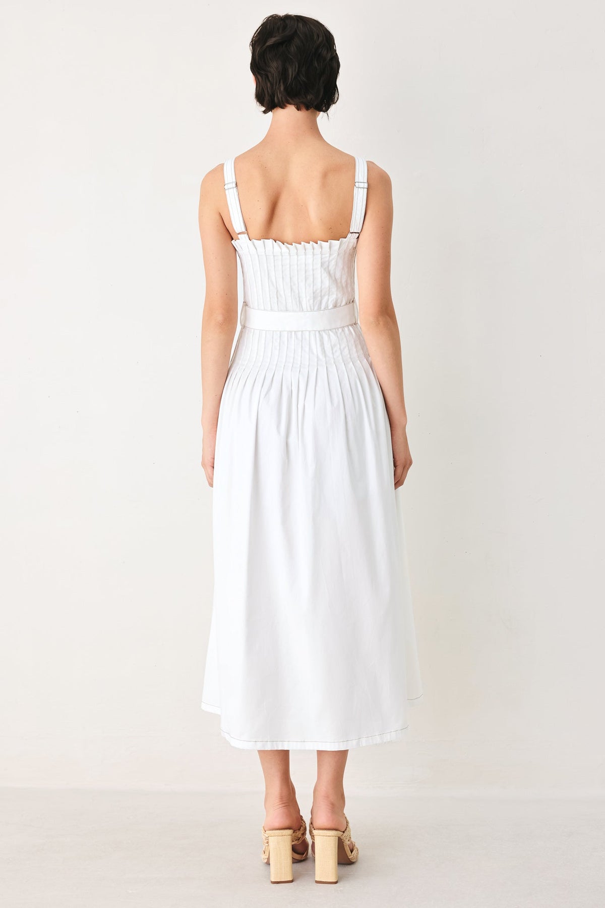 Flying Tomato Nantucket woven midi dress in off-white, stylish sleeveless dress with a relaxed fit and intricate detailing.