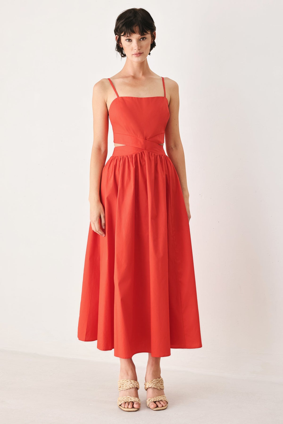 Flying Tomato Riviera Nights woven midi dress in coral red, featuring a stylish and comfortable design for warm weather.