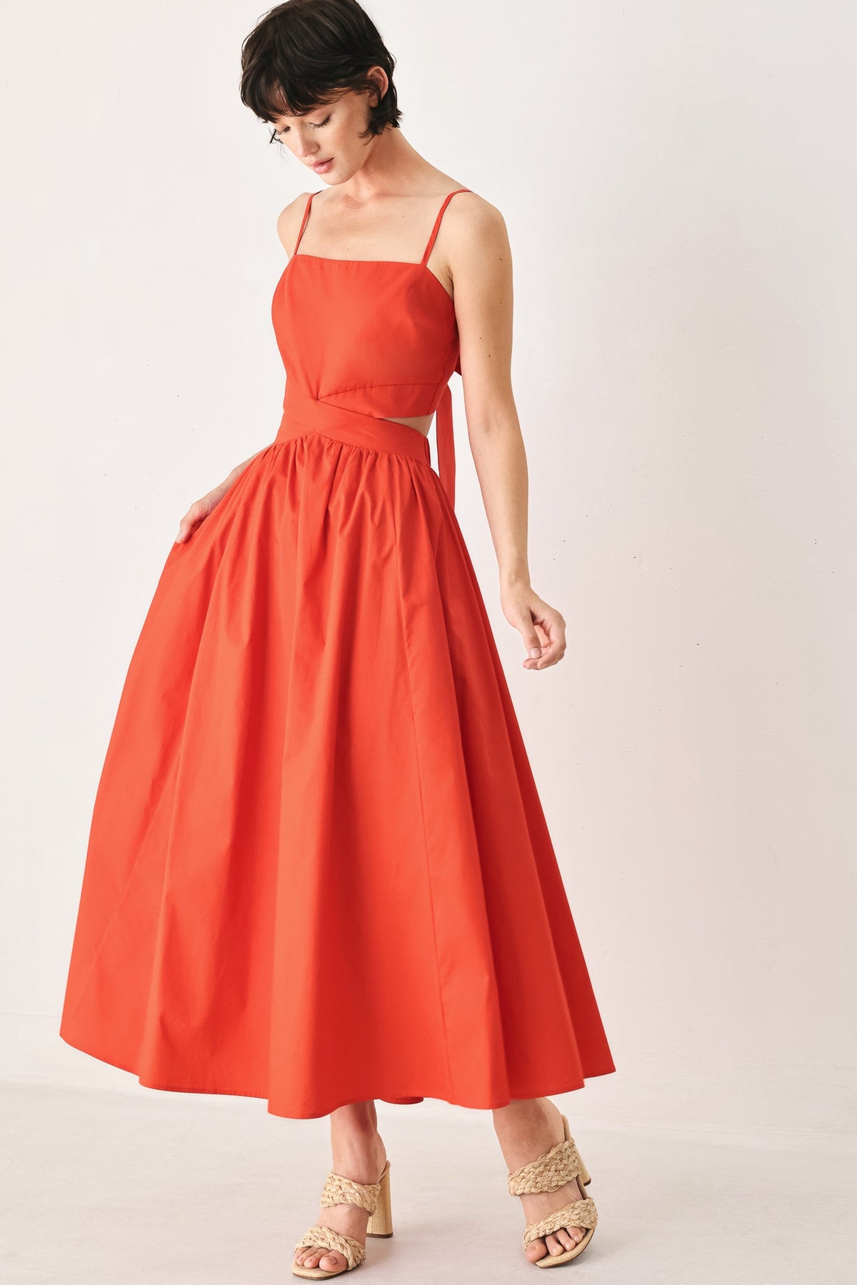 Flying Tomato Riviera Nights woven midi dress in coral red, featuring a stylish sleeveless design and flowing fabric.