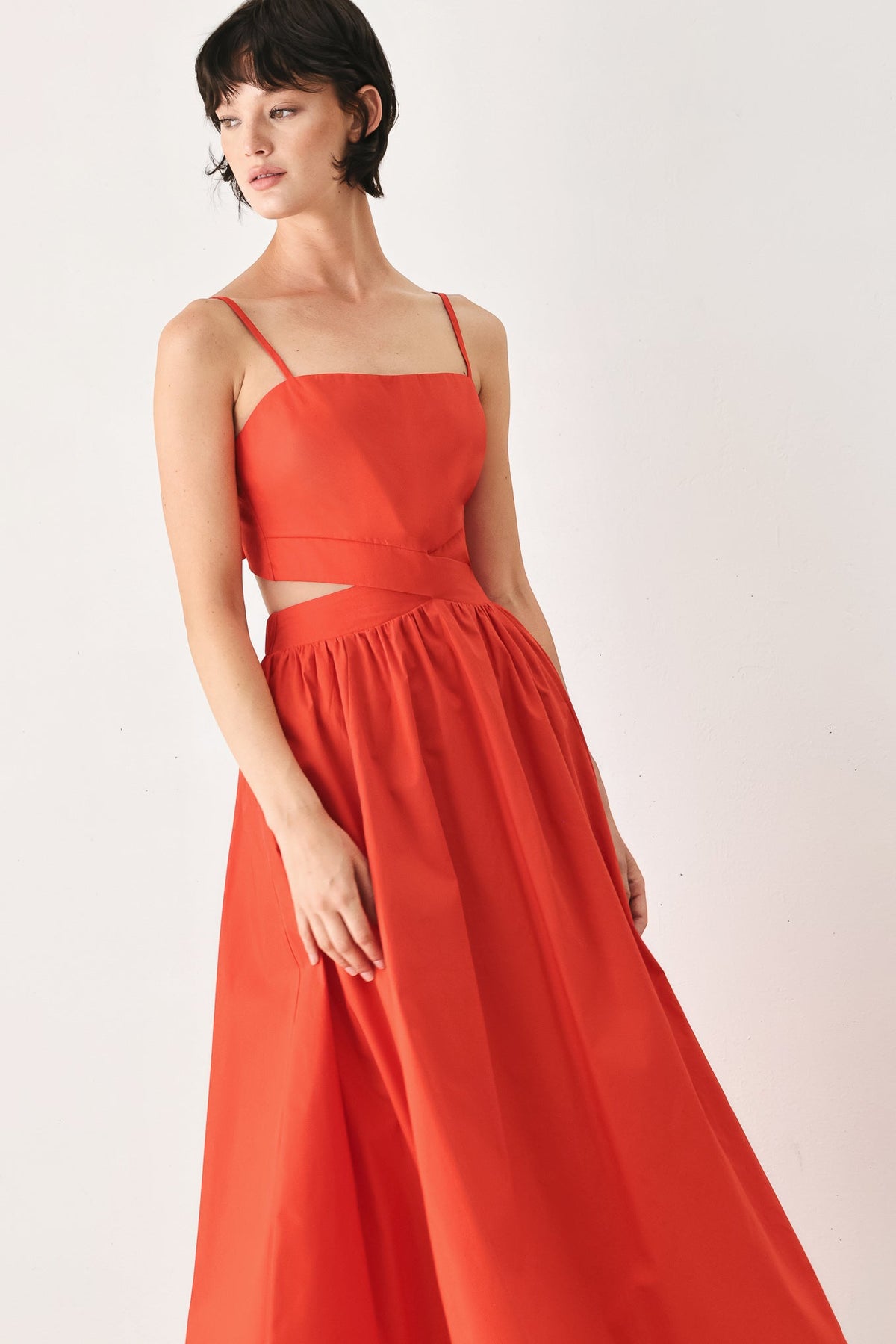 Flying Tomato Riviera Nights woven midi dress in coral red with a sleeveless design and flowing fabric.