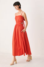 Flying Tomato Riviera Nights woven midi dress in coral red, featuring a stylish, flowy design perfect for summer occasions.