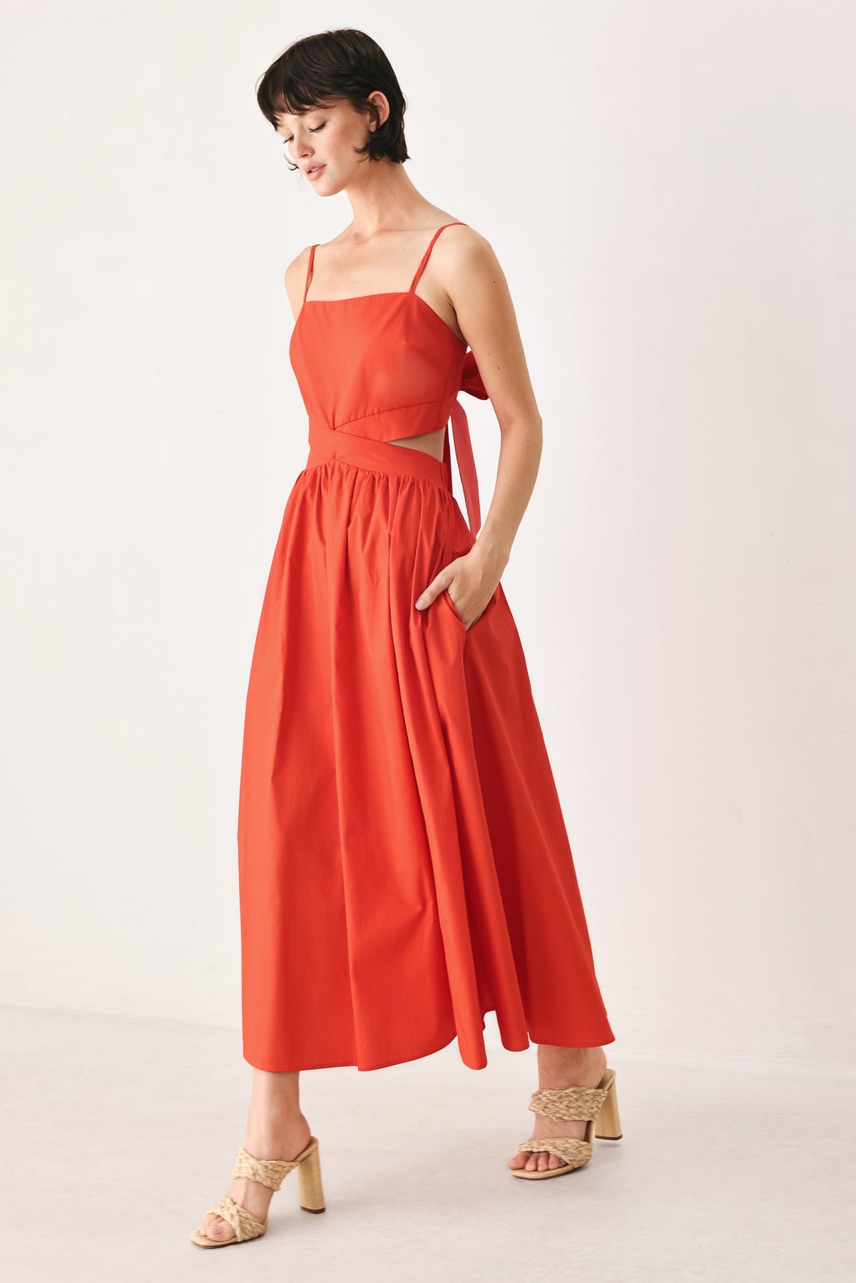 Flying Tomato Riviera Nights woven midi dress in coral red, featuring a stylish, flowy design perfect for summer occasions.