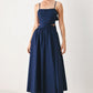 Navy woven midi dress by Flying Tomato featuring a flowing silhouette and sleeveless design, perfect for summer occasions.