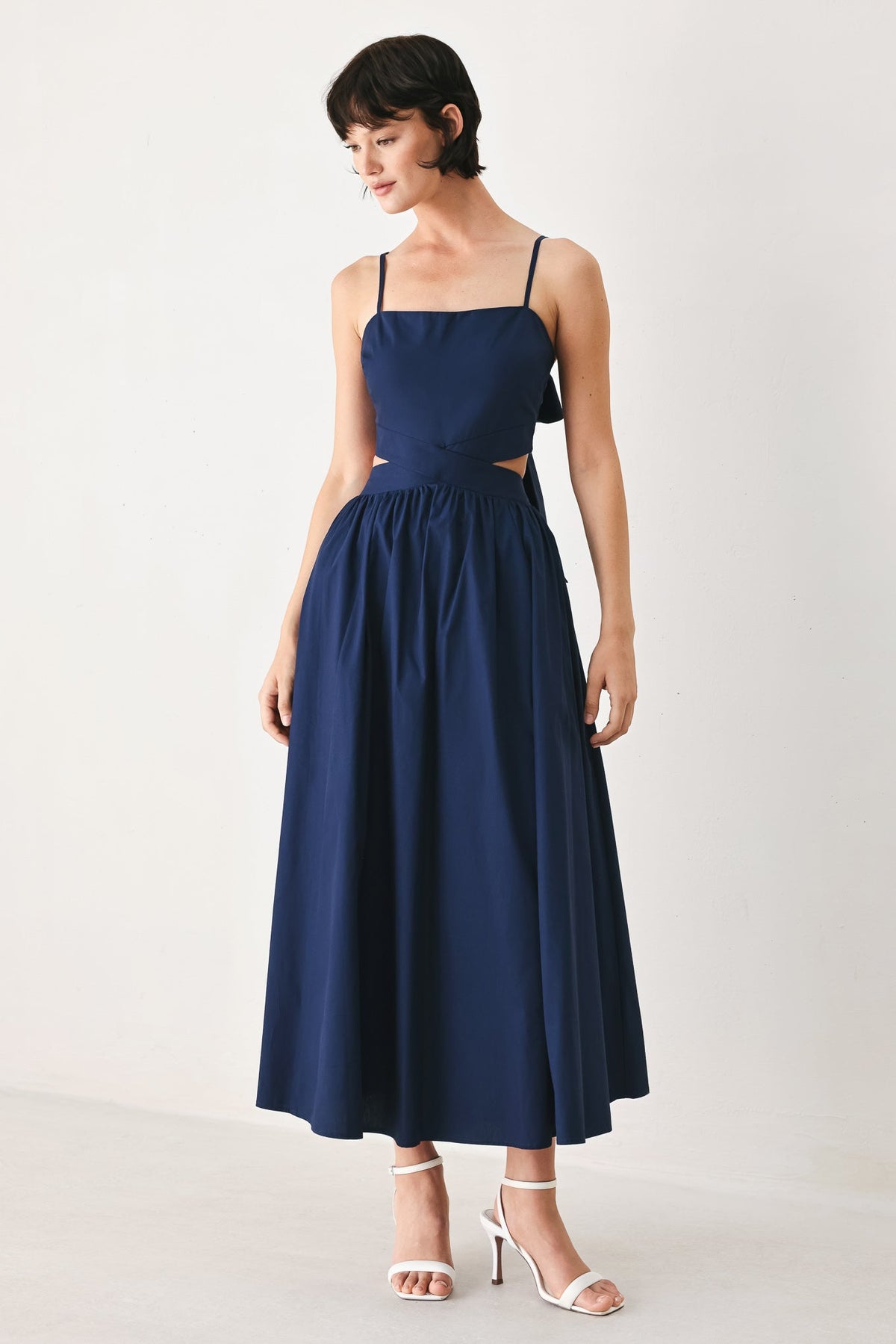 Navy woven midi dress by Flying Tomato featuring a flowing silhouette and sleeveless design, perfect for summer occasions.