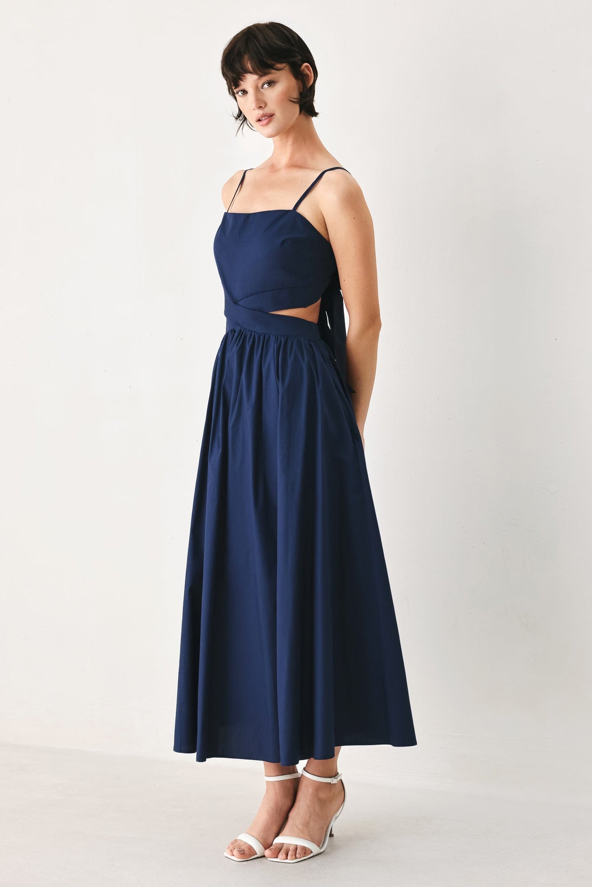 Flying Tomato Riviera Nights woven midi dress in navy, featuring a stylish, flowy design perfect for summer occasions.