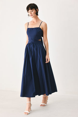 Flying Tomato Riviera Nights woven midi dress in navy, featuring a stylish, flowy design perfect for elegant occasions.