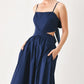 Navy woven midi dress from Flying Tomato's Riviera Nights collection, featuring a flowy, relaxed fit and stylish design.