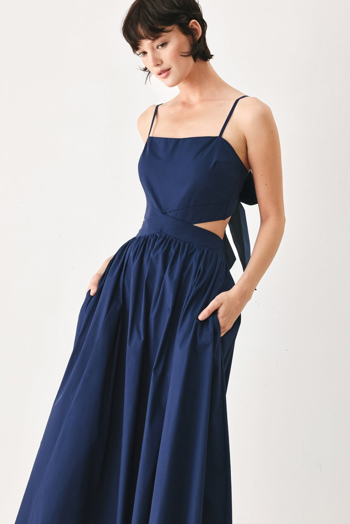 Navy woven midi dress from Flying Tomato's Riviera Nights collection, featuring a flowy, relaxed fit and stylish design.