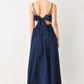 Navy woven midi dress from Flying Tomato's Riviera Nights collection, featuring a flowy silhouette and intricate woven details.