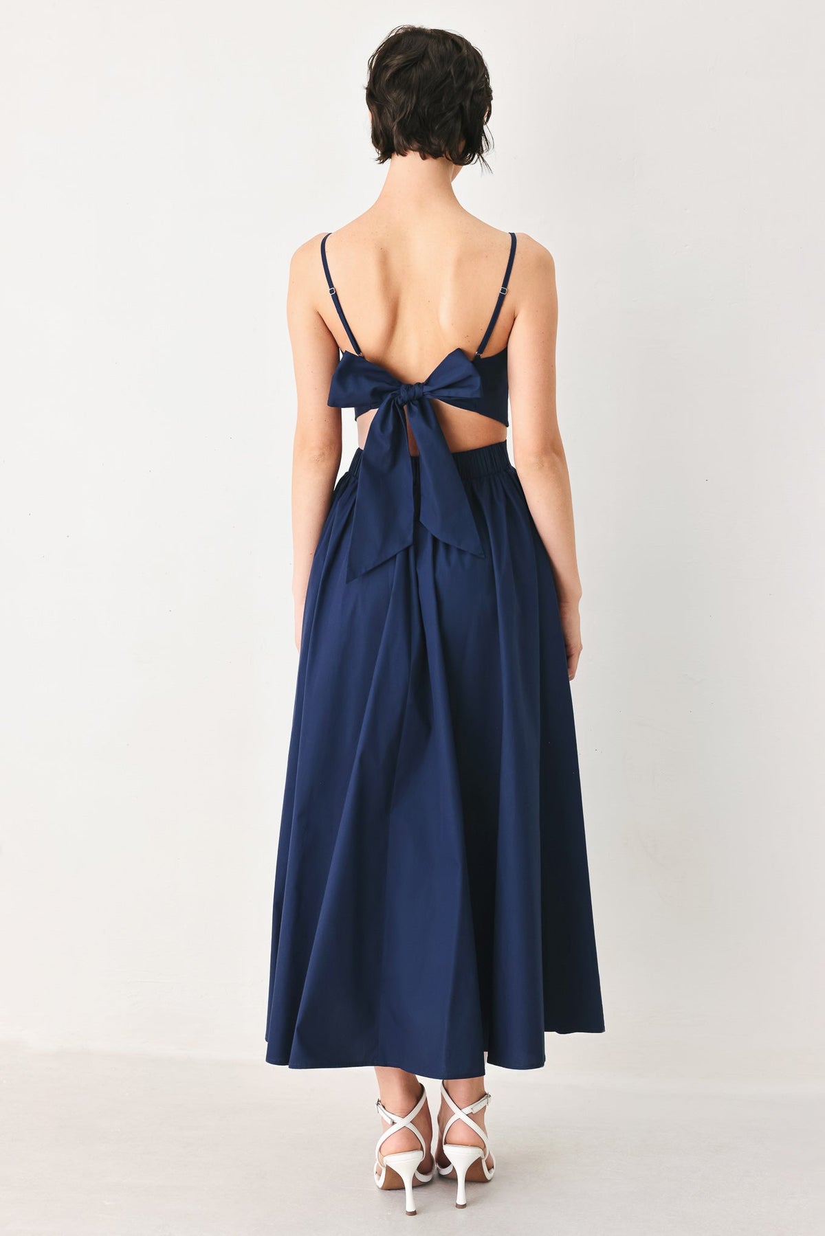 Navy woven midi dress from Flying Tomato's Riviera Nights collection, featuring a flowy silhouette and intricate woven details.