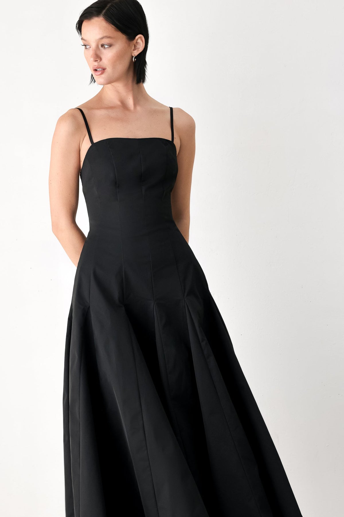 Black Flying Tomato Timeless Romance midi dress with a flowy silhouette and elegant design, perfect for special occasions.