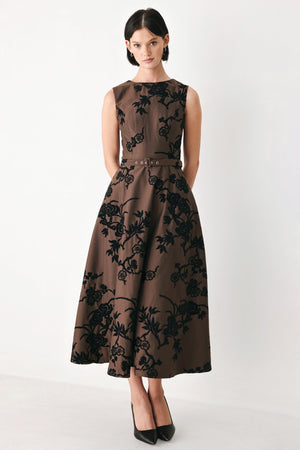 Flying Tomato Truffle Botanic Grace woven midi dress in brown, featuring a floral pattern and elegant, flowing fabric.