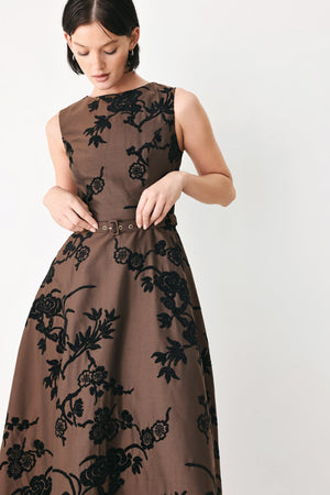 Flying Tomato Truffle Botanic Grace woven midi dress in brown, featuring a flowy, patterned fabric and elegant midi length.