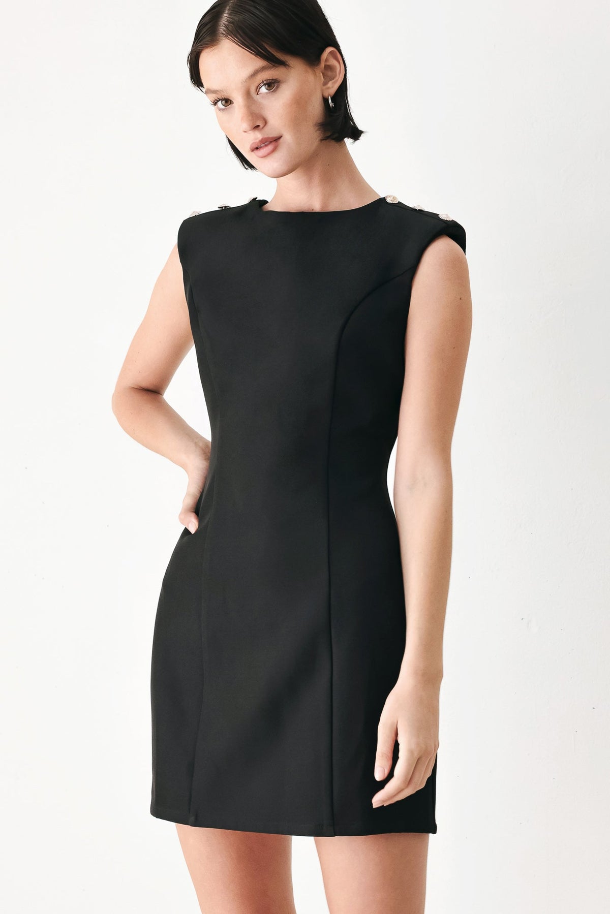 Black Flying Tomato ebony modern edge woven mini shift dress, sleeveless with a sleek, contemporary design and textured fabric.