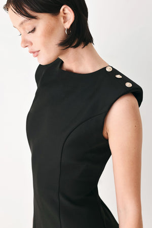 Black Ebony Modern Edge Woven Mini Shift Dress by Flying Tomato, featuring a stylish, contemporary design and woven fabric.