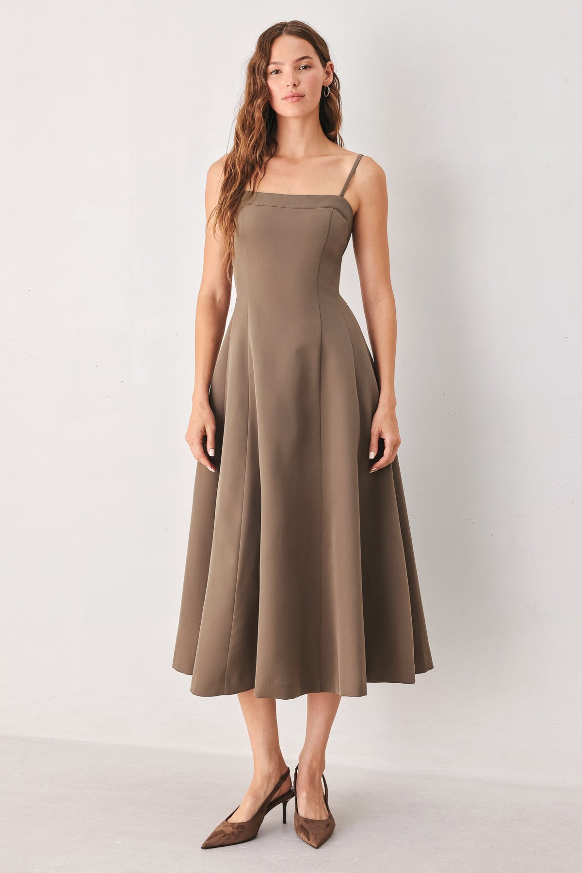 Flying Tomato coffee bean swing woven midi dress in mocha color, shown with its flowing fabric and woven details.