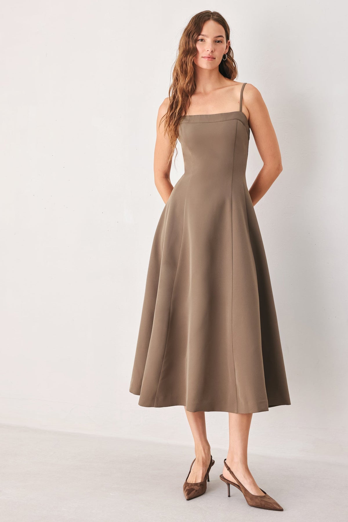 Flying Tomato coffee bean swing woven midi dress in mocha, featuring a relaxed fit and stylish design.