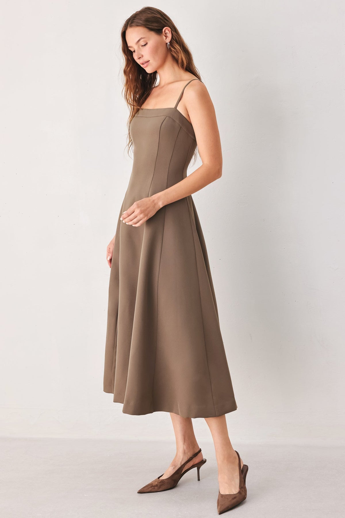 Flying Tomato coffee bean swing woven midi dress in mocha, featuring a relaxed fit and breezy fabric with a stylish silhouette.