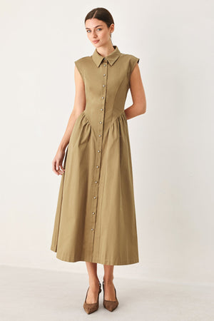 Flying Tomato Mocha Muse woven midi dress displayed on a hanger with a flowing, textured fabric in a mocha color.