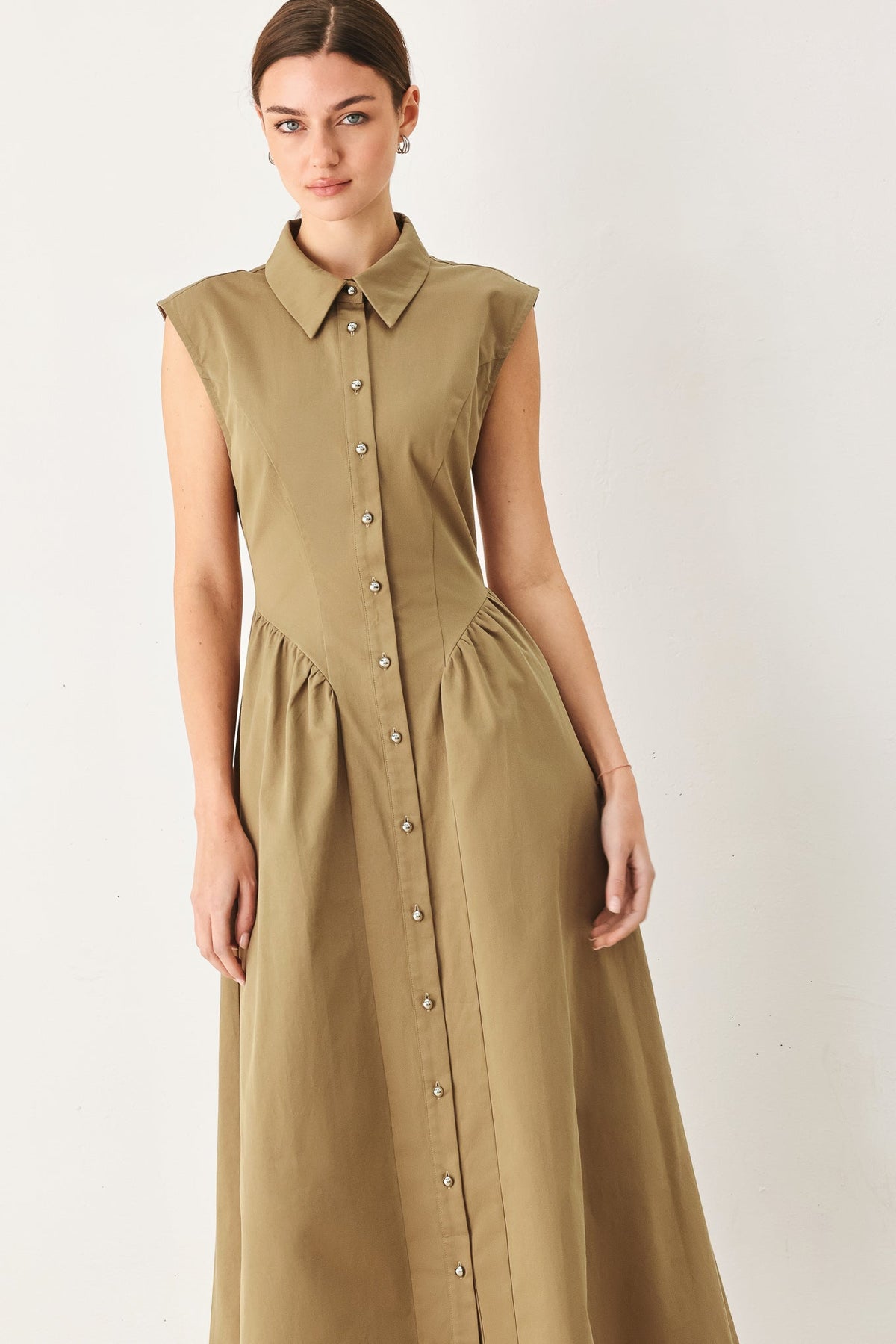 Mocha Muse woven midi dress by Flying Tomato, featuring a flowing fabric, sleeveless design, and a stylish, relaxed fit.