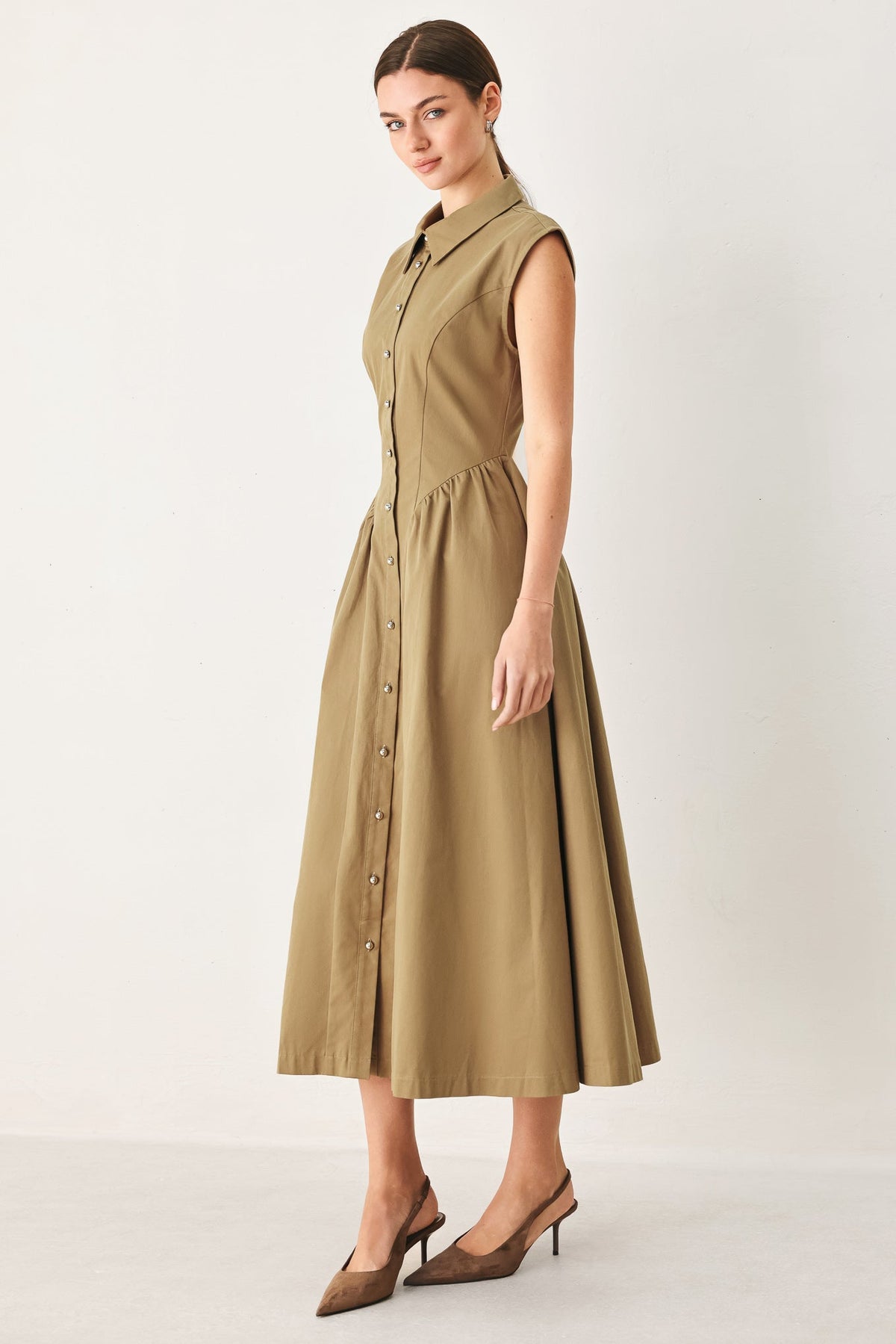 Flying Tomato Mocha Muse woven midi dress with a relaxed fit, featuring a mocha color and intricate woven fabric details.