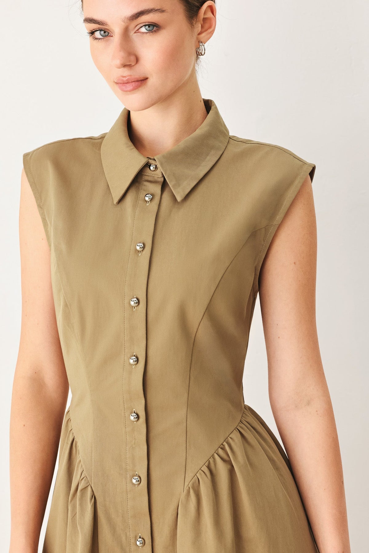 Flying Tomato Mocha Muse woven midi dress, stylish sleeveless dress with a flowy silhouette and intricate woven fabric design.